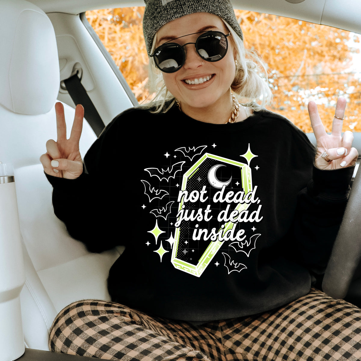 Just Dead Inside Coffin Bats white accents CSC DTF transfer