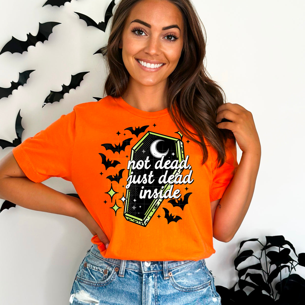 Just Dead Inside Coffin Bats black accents CSC DTF transfer