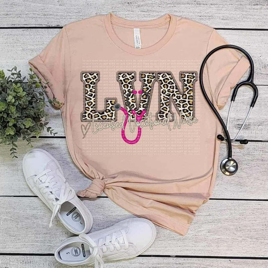LVN licensed vocational nurse pink stethoscope leopard embroidery (ECHT) 19017 DTF TRANSFER