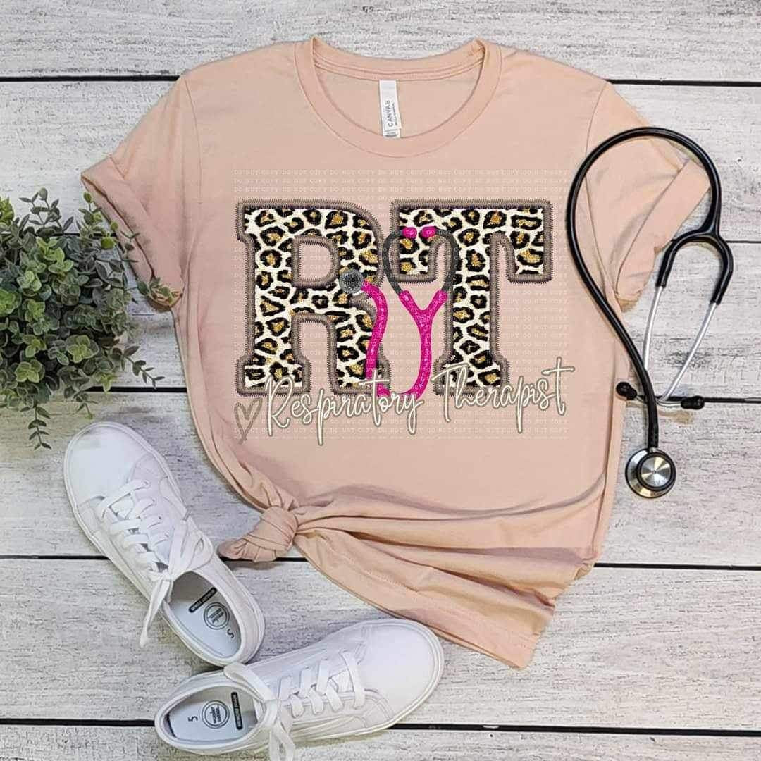 RT respiratory therapist pink stethoscope leopard embroidery (ECHT) 19016 DTF TRANSFER