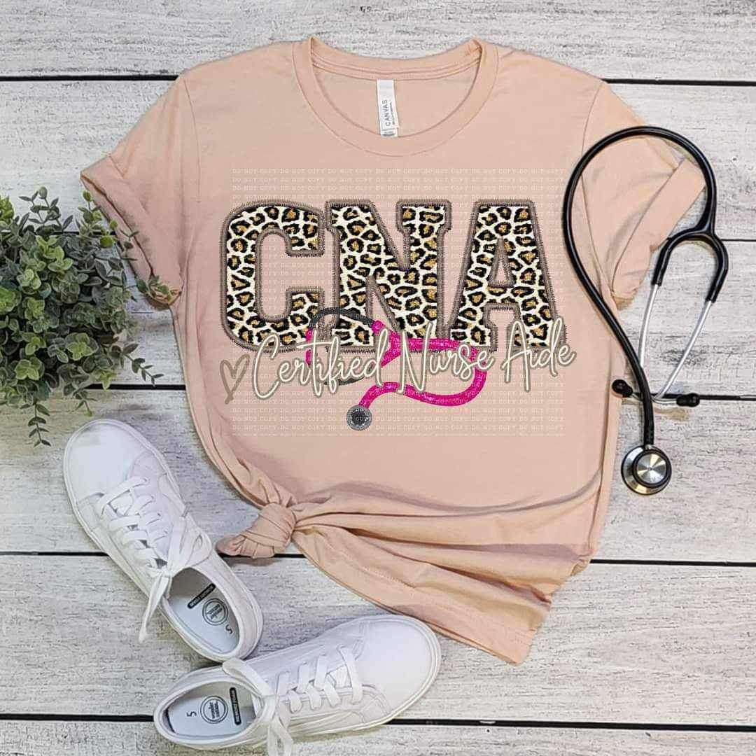 CNA certified nurse aide pink stethoscope leopard embroidery (ECHT) 19015 DTF TRANSFER