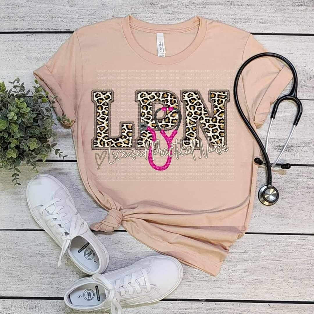 LPN licensed practitioner nurse pink stethoscope leopard embroidery (ECHT) 19014 DTF TRANSFER
