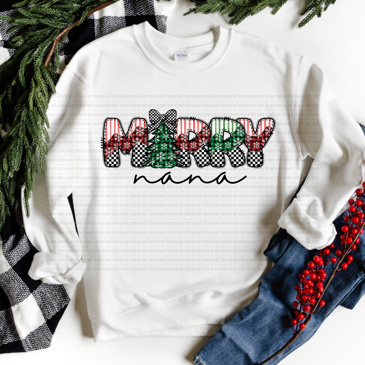 Merry Nana stripe plaid and checker (revel) DTF Transfer