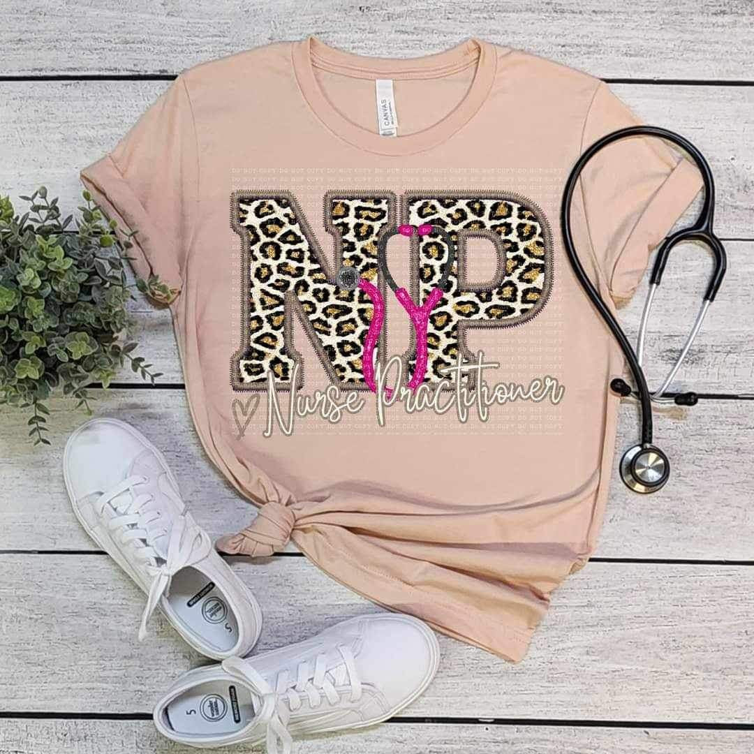 NP nurse practitioner pink stethoscope leopard embroidery (ECHT) 19013 DTF TRANSFER