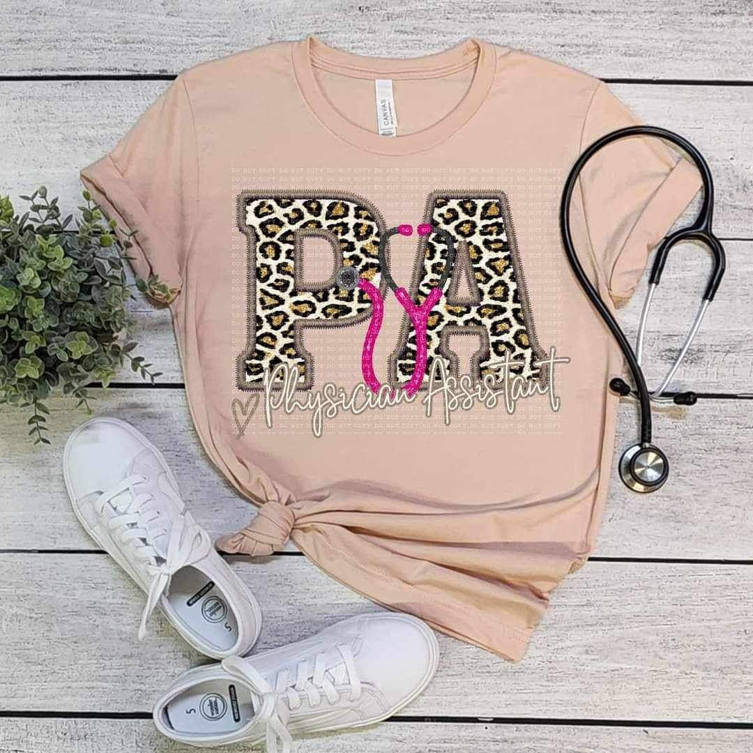 PA physician assistant nurse pink stethoscope leopard embroidery (ECHT) 19012 DTF TRANSFER