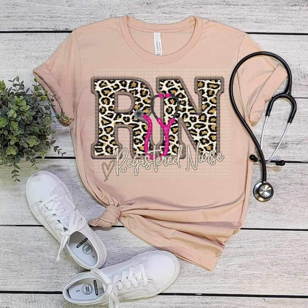 RN register nurse pink stethoscope leopard embroidery (ECHT) 19011 DTF TRANSFERir
