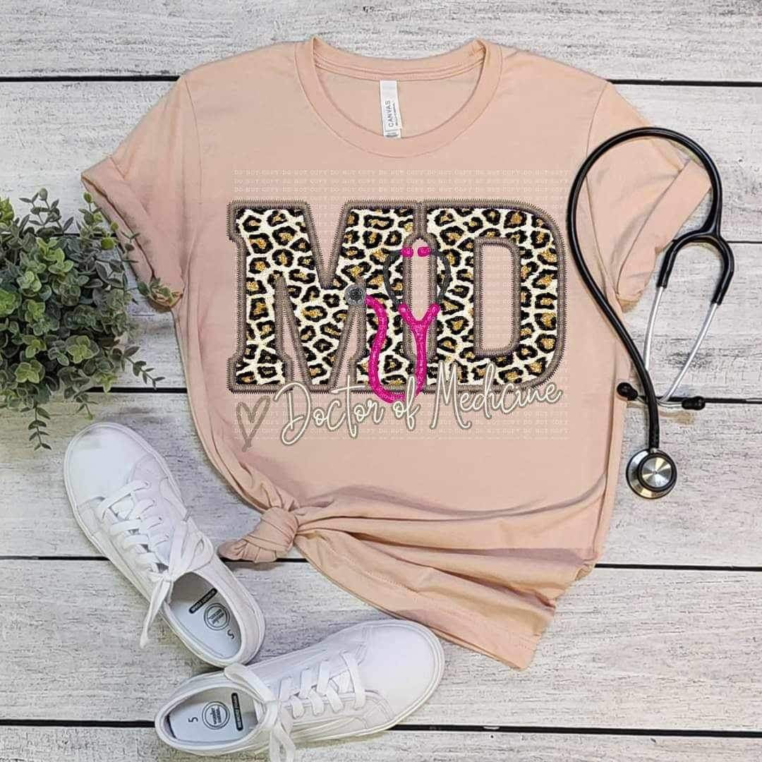 MD doctor of medicine pink stethoscope leopard embroidery (ECHT) 19010 DTF TRANSFERir