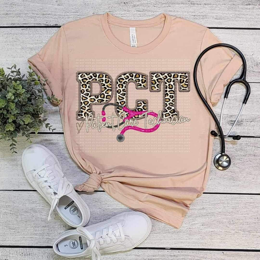 PCT patient care technician pink stethoscope leopard embroidery (ECHT) 19009 DTF TRANSFERir