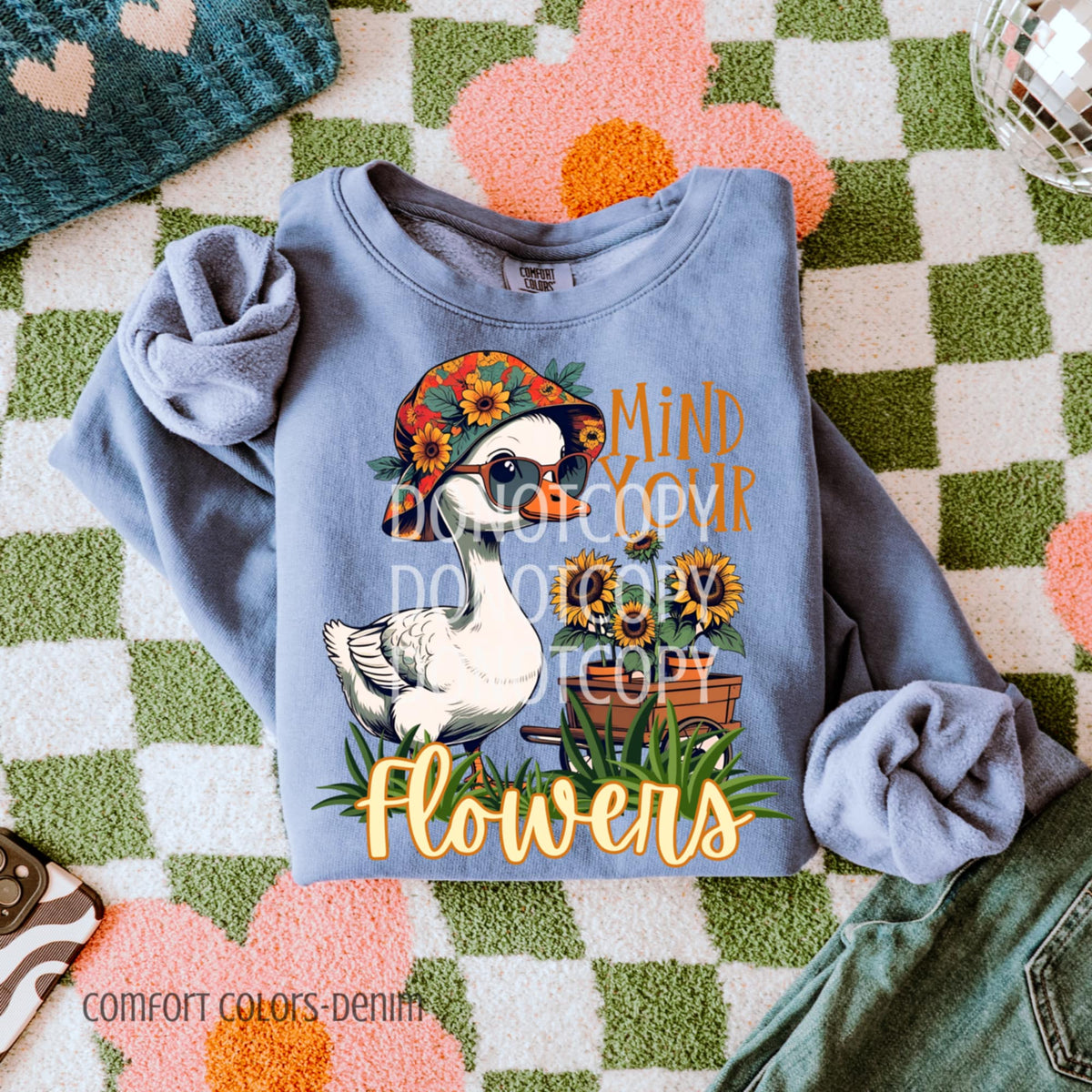 Mind your Flowers goose with sunflowers CSG DTF transfer