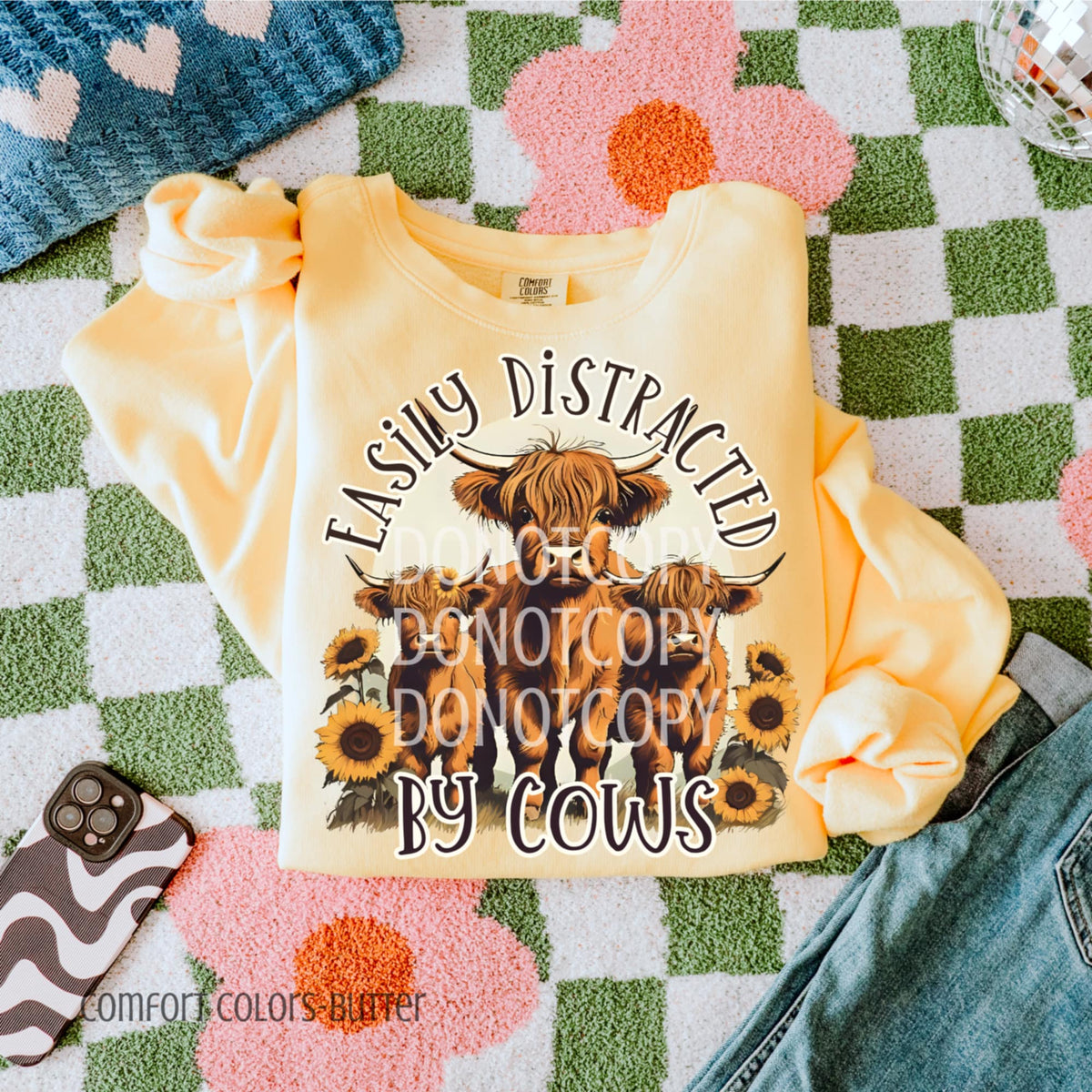 Easily Distracted By Cows with sunflowers CSG DTF transfer