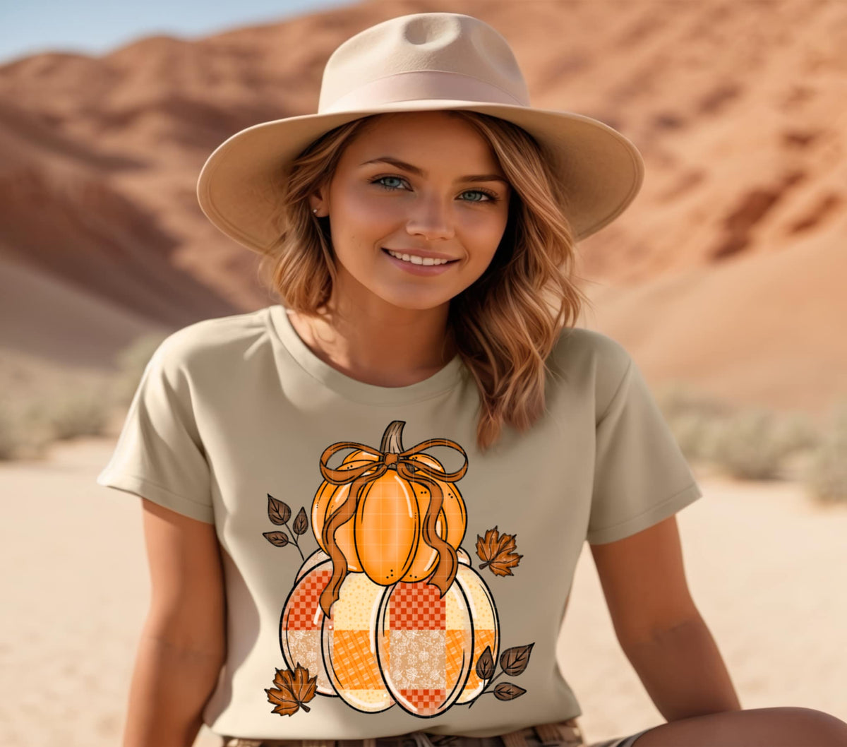 Two Stacked Pumpkins with patchwork and bow (Linda) DTF transfer