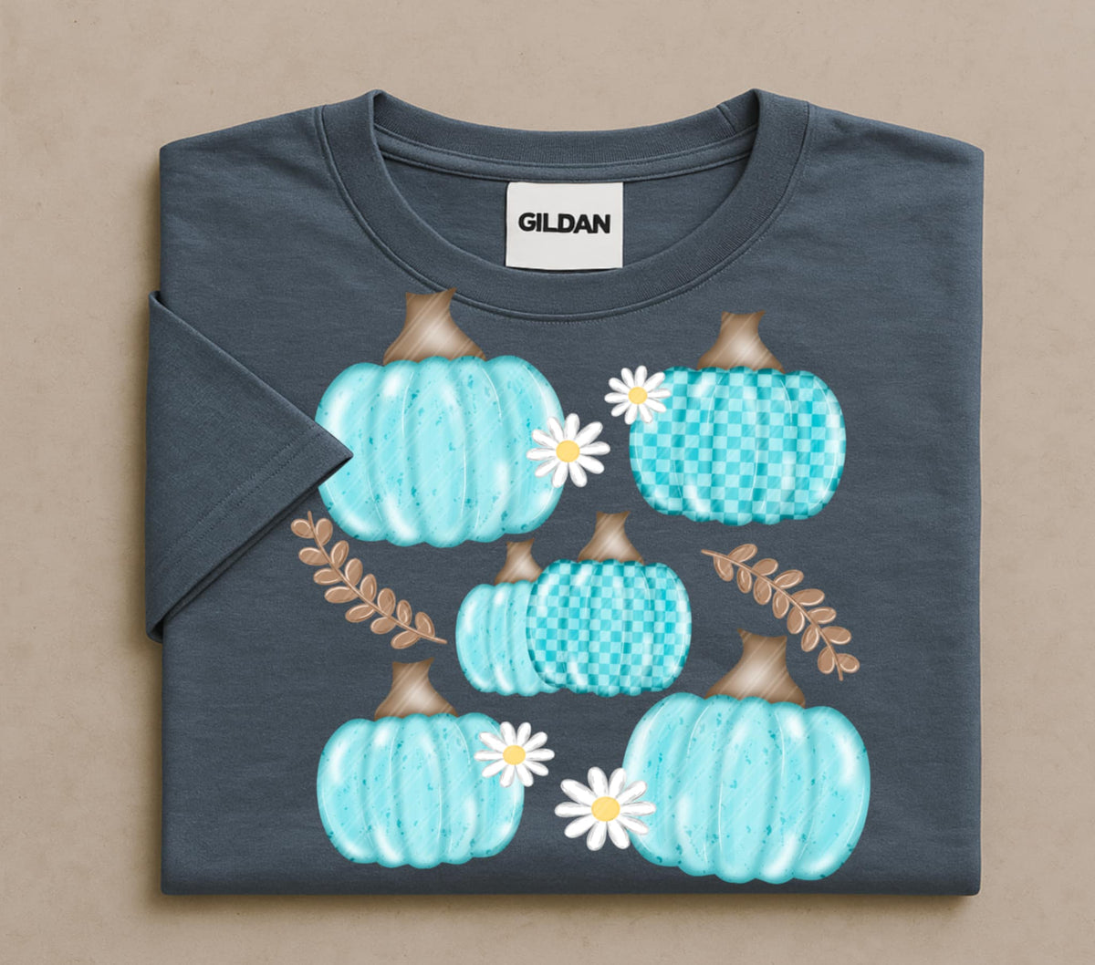 Blue Pumpkins with daisys (Linda) DTF transfer