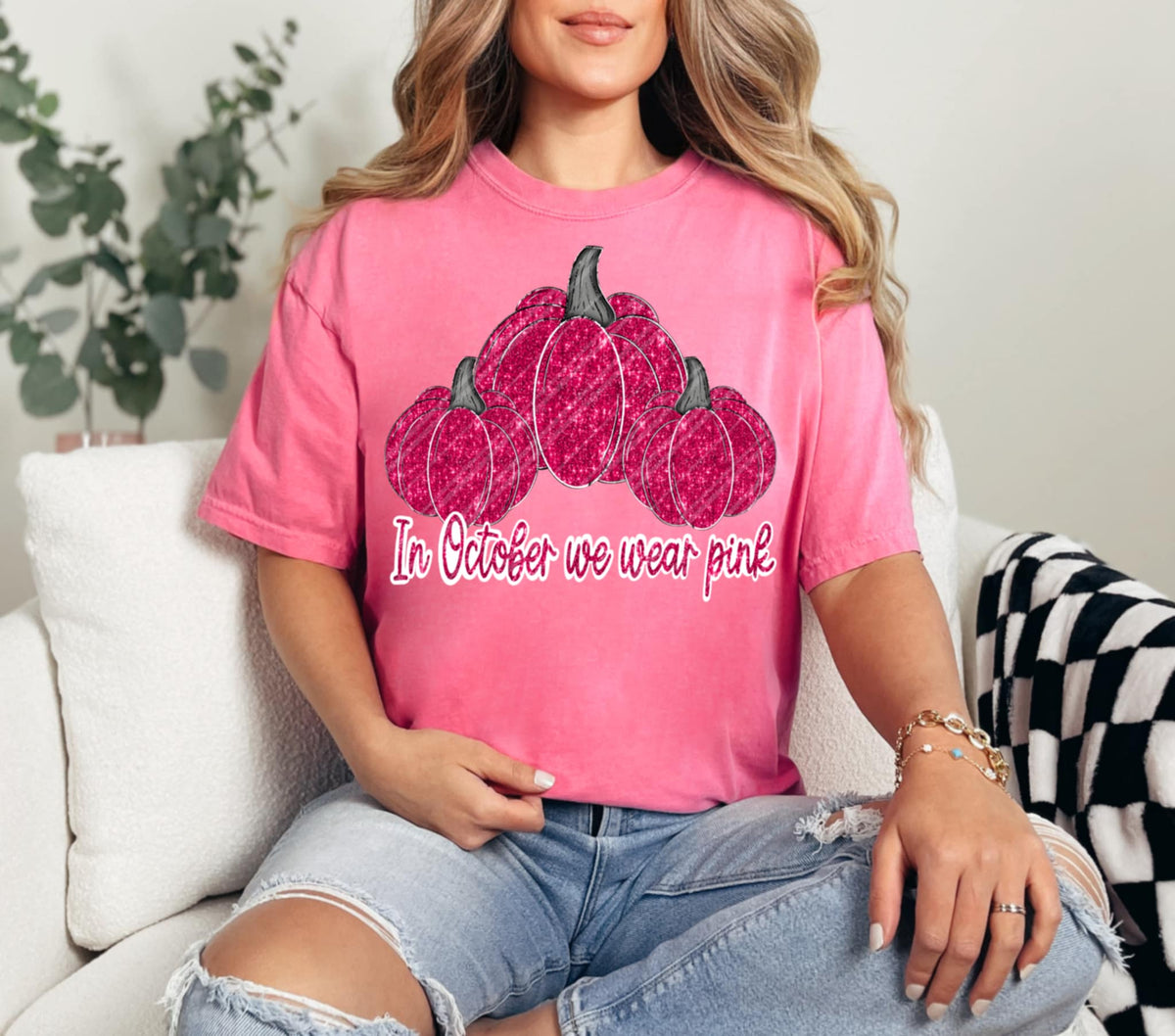 In October we Wear Pink with three pink pumpkins (Linda) DTF transfer