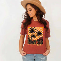 Beachy vibes palm trees orange checkered 27490 DTF transfer