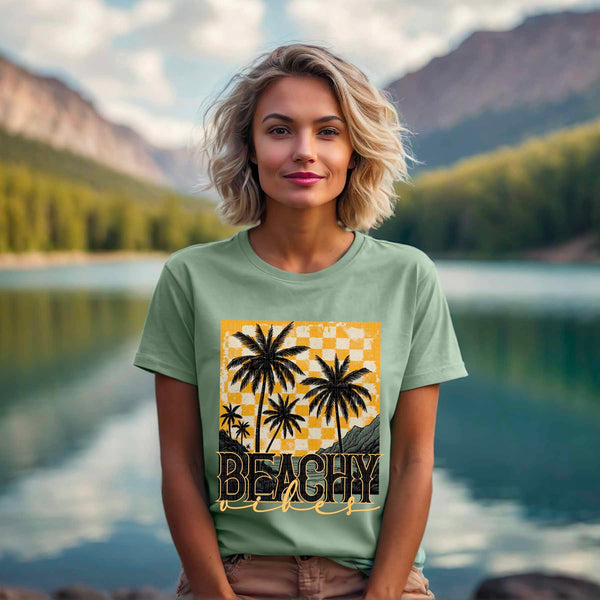 Beachy vibes palm trees orange checkered 27490 DTF transfer