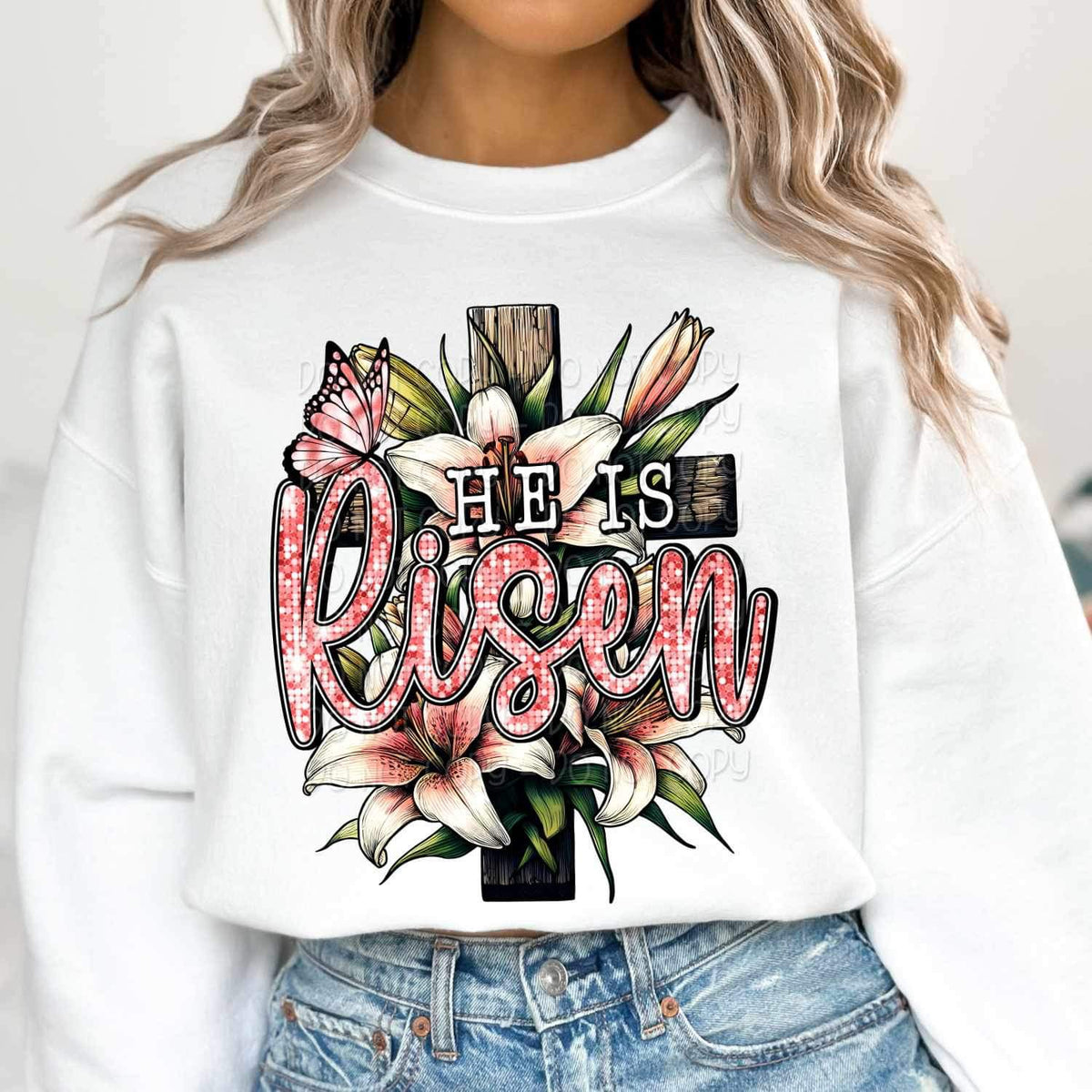 He is risen wooden cross and pink butterfly 19066 DTF TRANSFER