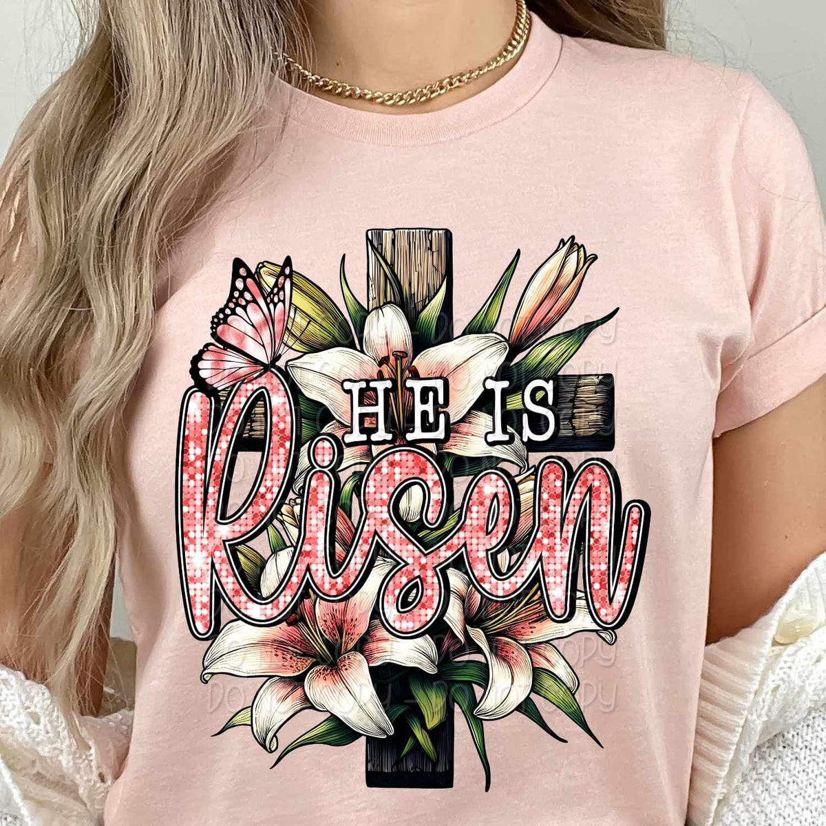 He is risen wooden cross and pink butterfly 19066 DTF TRANSFER