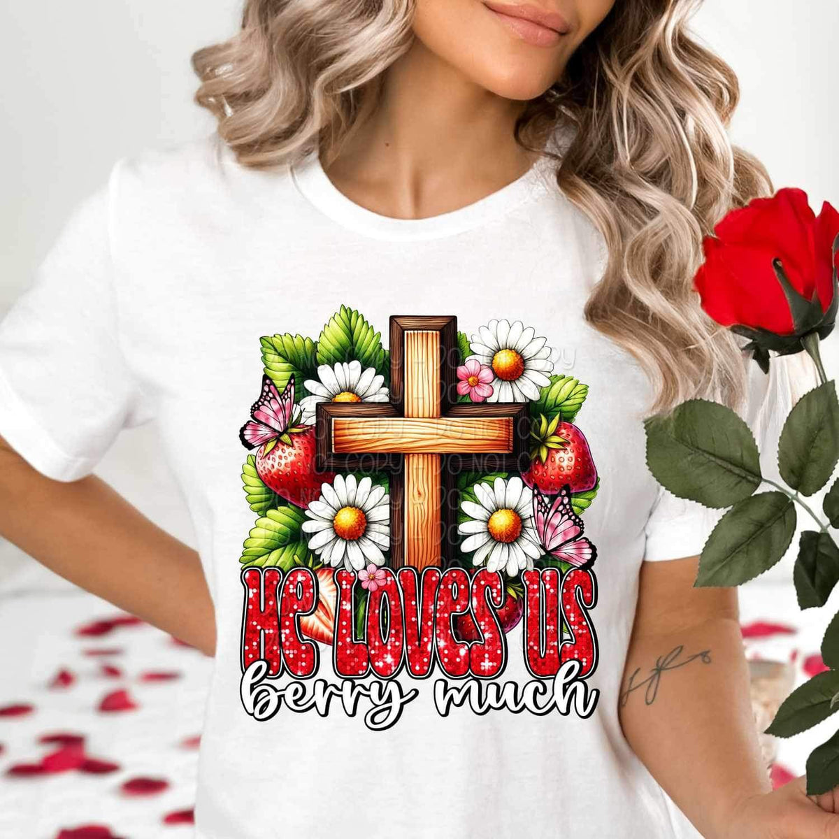 He loves us berry much cross and strawberries 19068 DTF TRANSFER