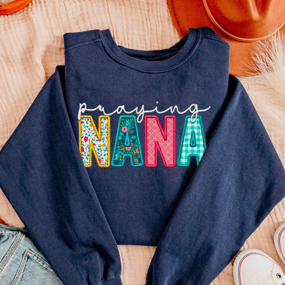 praying nana patterned and white DTF transfer