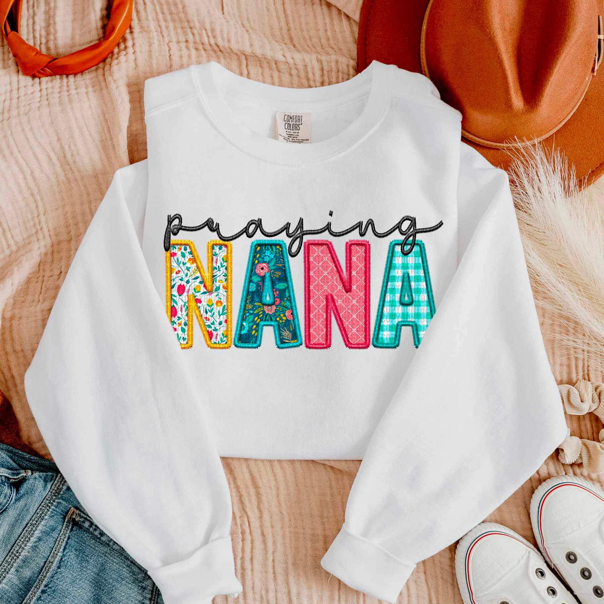 praying nana patterned and black DTF transfer