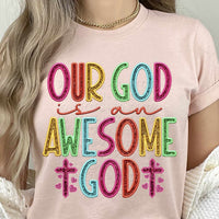 Our god is an awesome god rainbow font 27502 DTF transfer