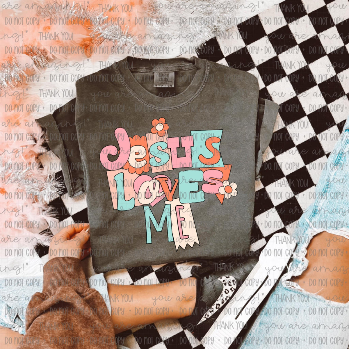 Jesus Loves Me with flowers 111560 DTF transfer