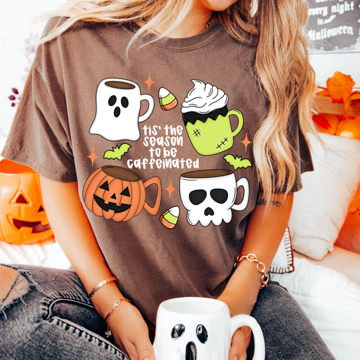 Tis the Season to be caffeinated with Halloween mugs WHITE WORDS CMD DTF transfer