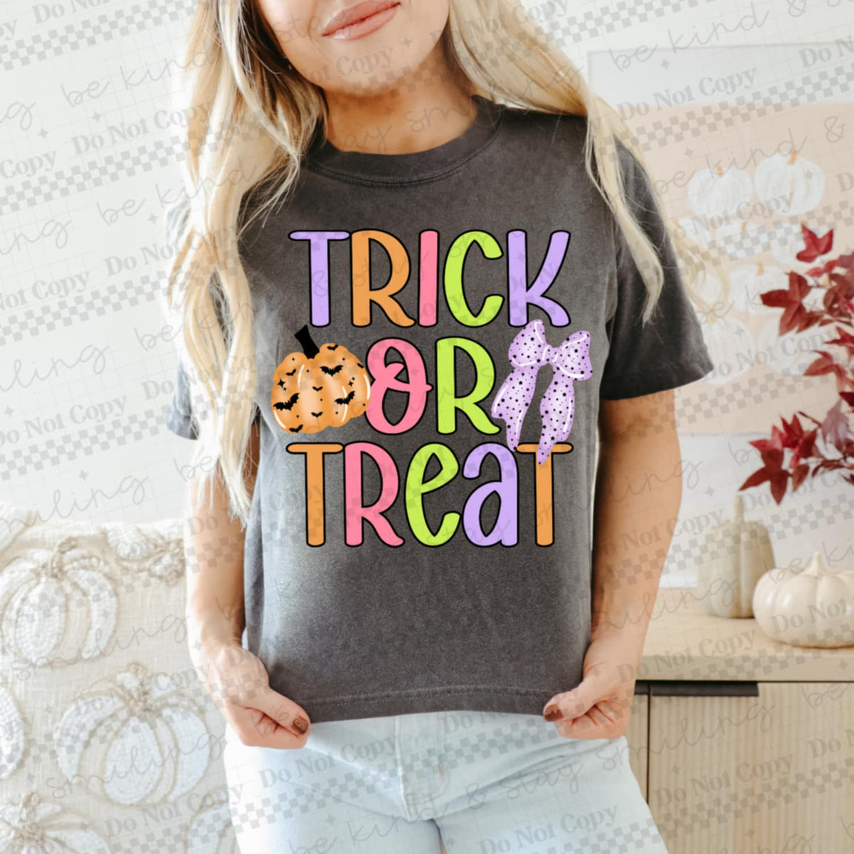 Trick Or Treat with bow and pumpkin CMLD DTF transfer