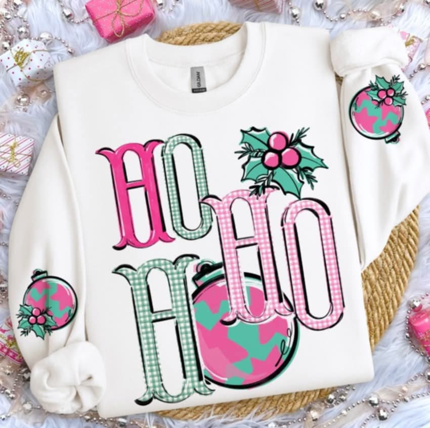 Ho Ho Ho ornament and Holly front only (s&g) DTF transfer