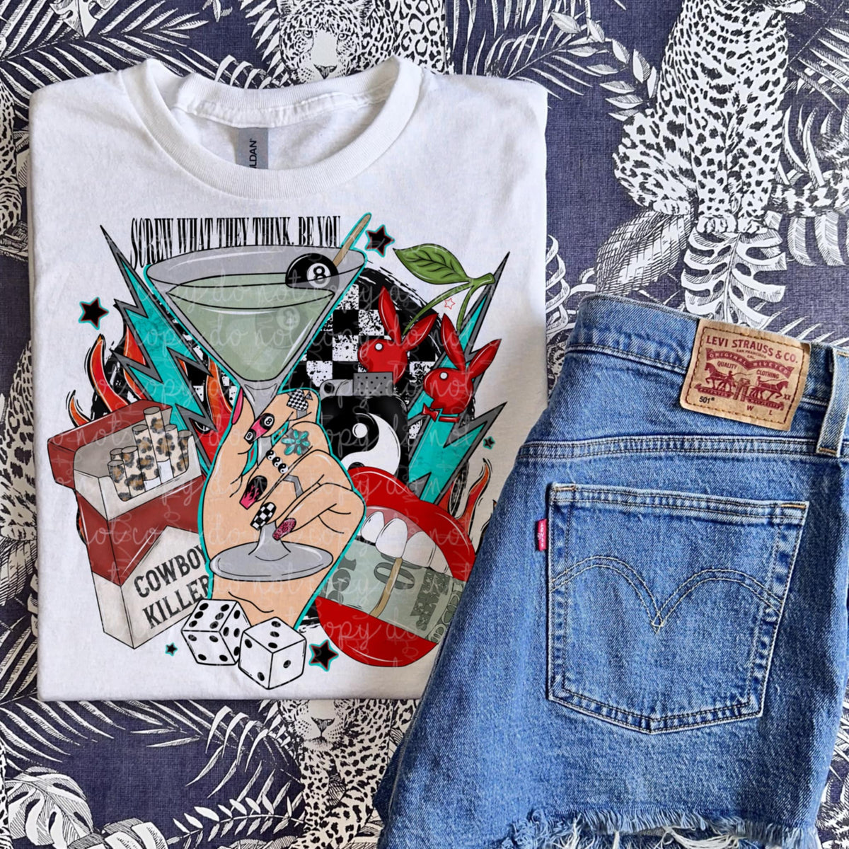 Cowgirl Martini with dice and cigarettes MMD DTF transfer