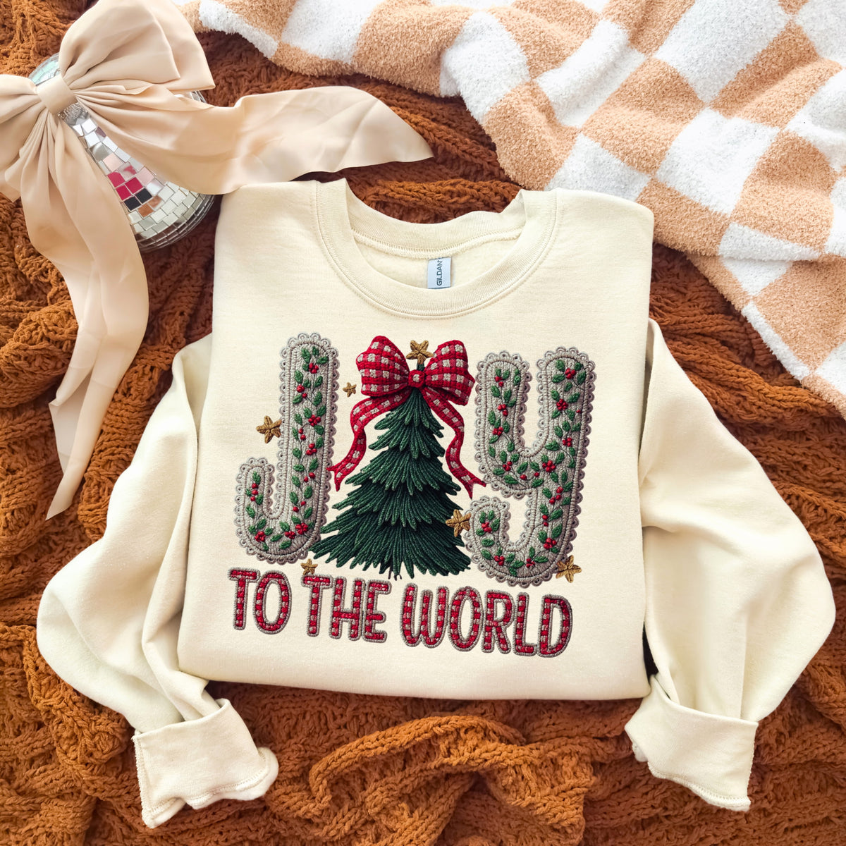 Joy to the world tree and lace DTF transfer