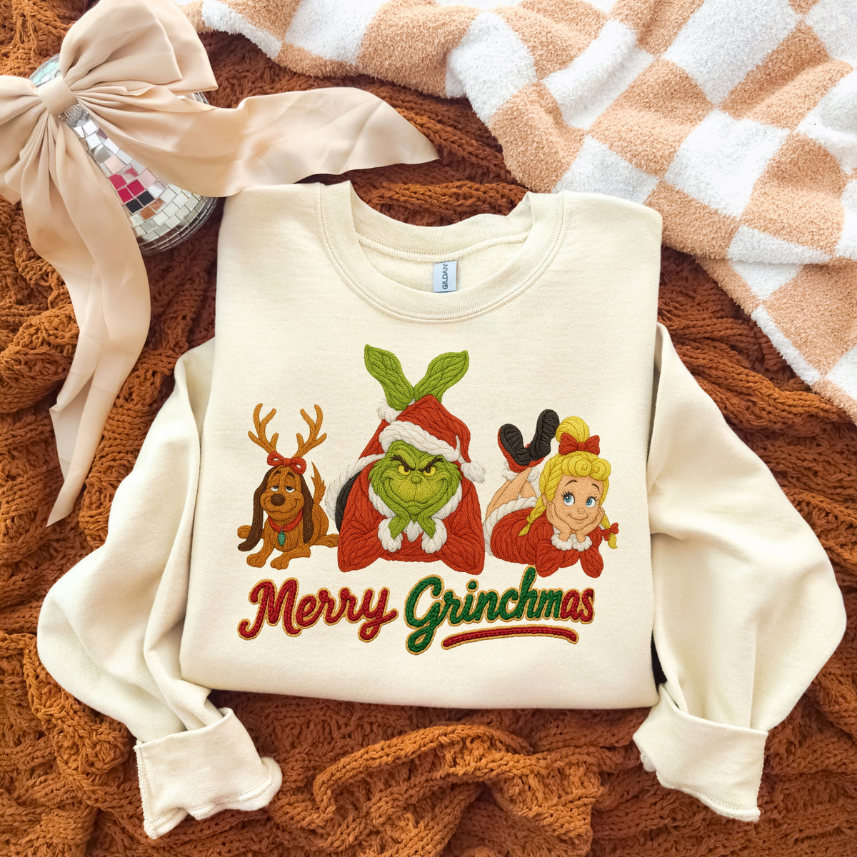 Merry Gmas faux yarn reindeer and girl DTF transfer
