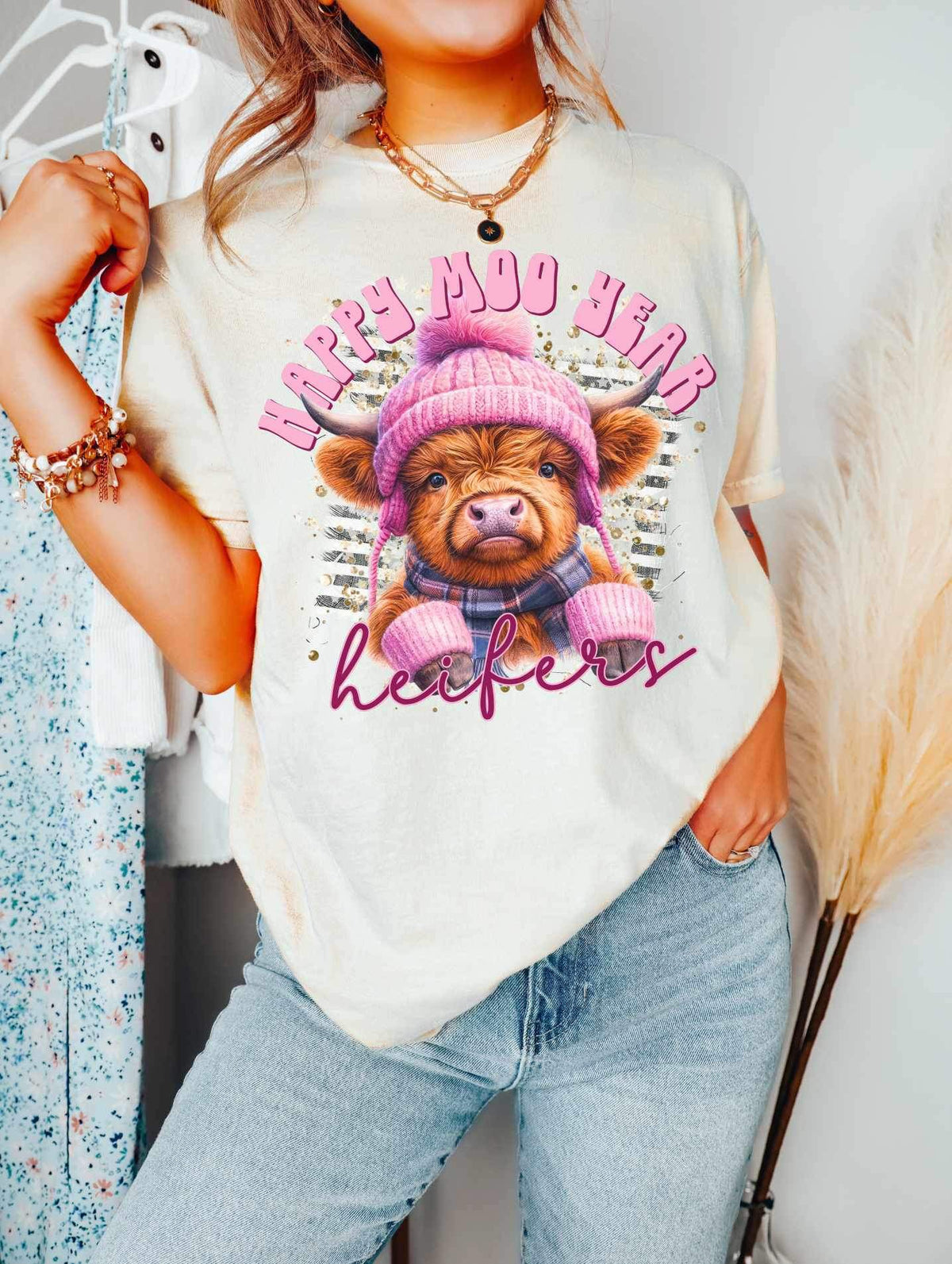 Happy moo year heifers shaggy cow 19375 DTF Transfer