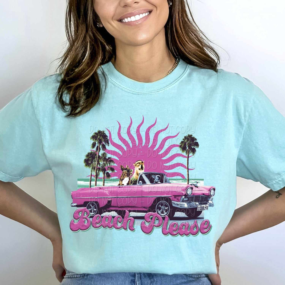 Beach please dogs in pink car 27674 DTF transferr