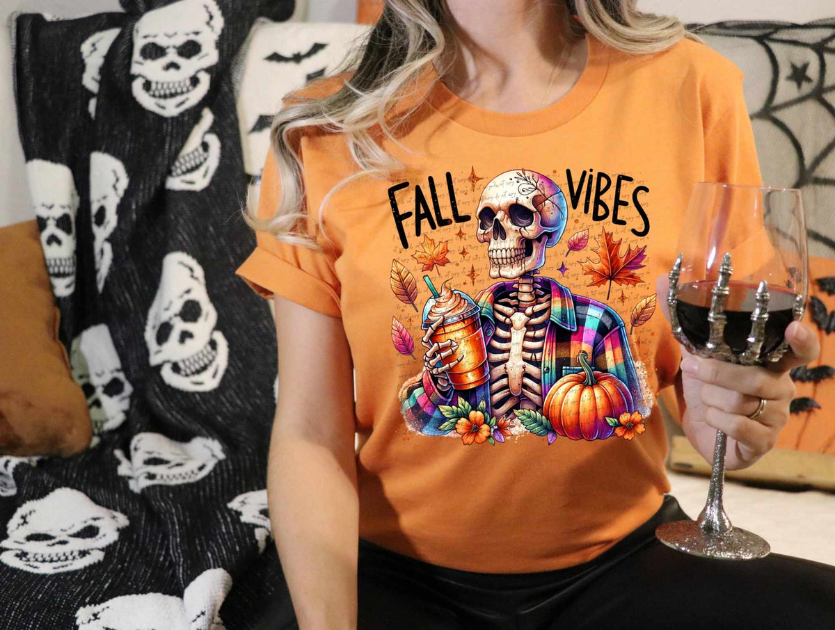 Fall vibes skellie with coffee and pumpkin 39081 DTF transfer