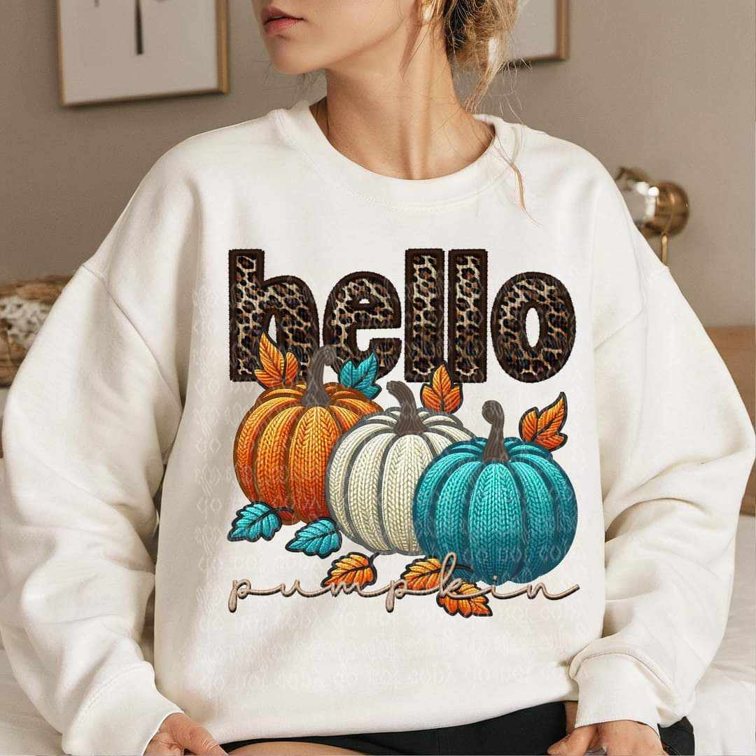 Hello pumpkin orange, white, blue pumpkins 60414 DTF transfer