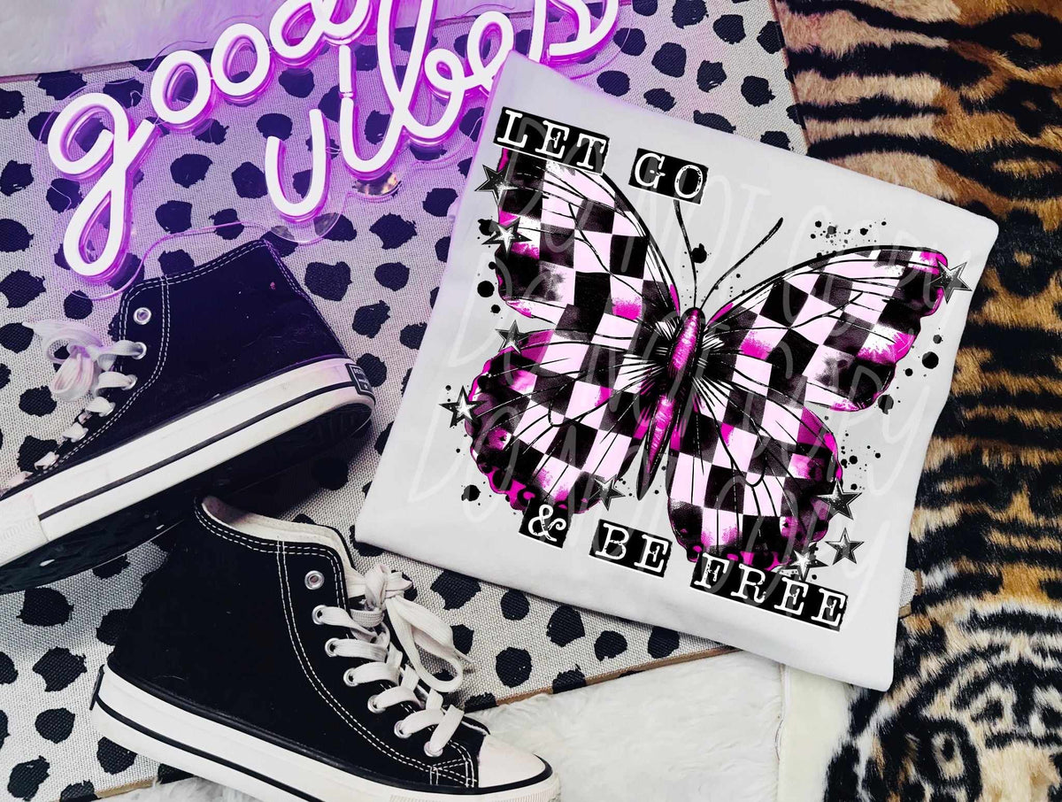 Let go & be free checkered butterfly 27690 DTF transfer