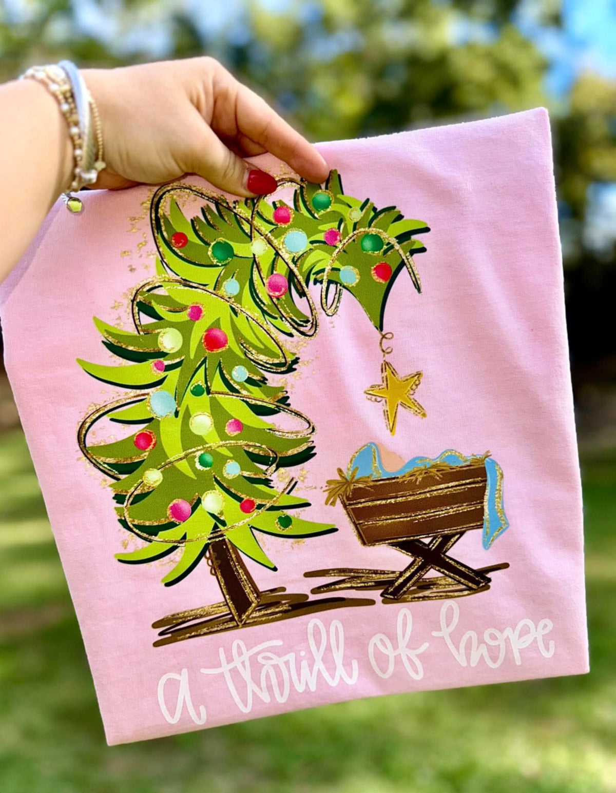 A thrill of hope curved tree and baby jesus DTF transfer