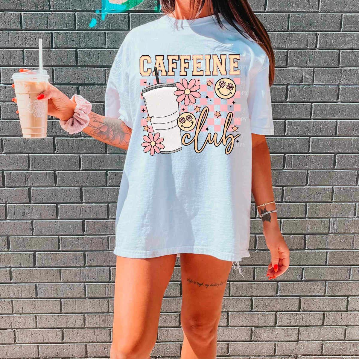 Caffeine club cup and pink checkered print 19493 DTF Transfer