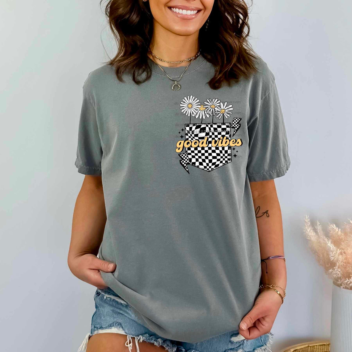 Good vibes checkered pocket flowers (CSC) 27799 DTF transfer