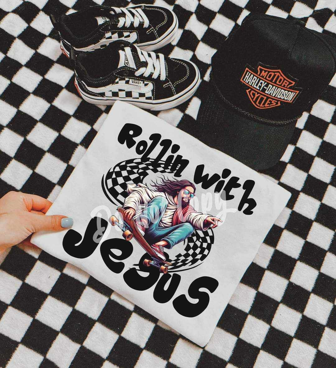 Rollin with jesus skateboard (RTD) 39010 DTF transfer