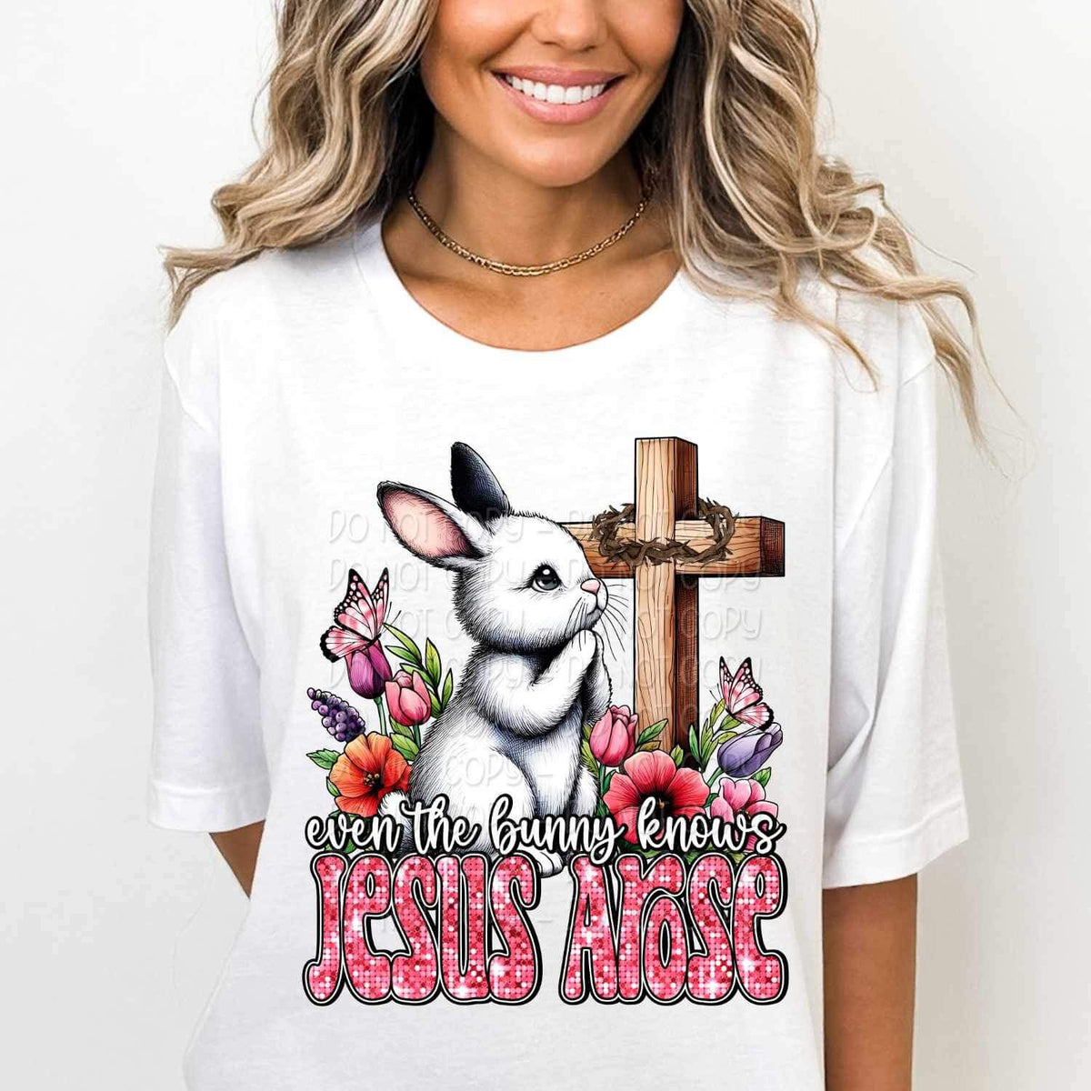 Even the bunny knew jesus arose bunny praying at cross 19558 DTF Transfer