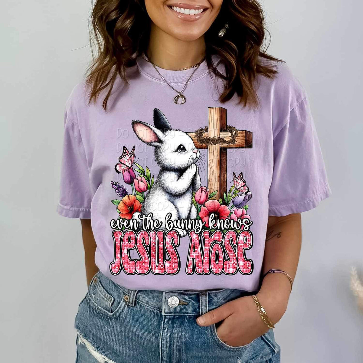 Even the bunny knew jesus arose bunny praying at cross 19558 DTF Transfer