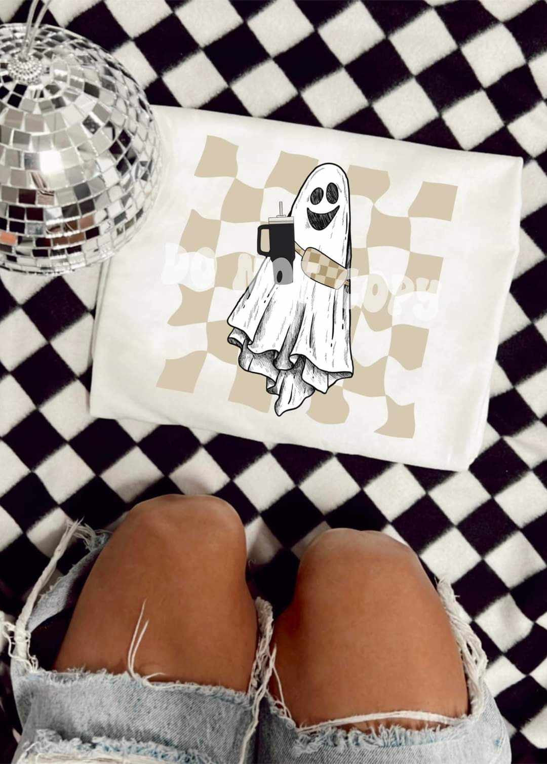 Ghost with cup and checkered background (RTD) 39014 DTF transfer