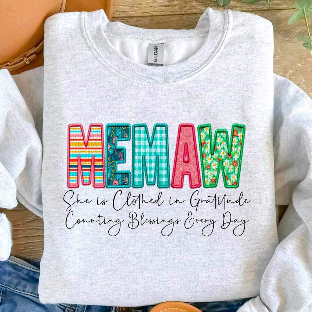 Memaw she is clothed patterned faux embroidery (SDD) 19592 DTF Transfer