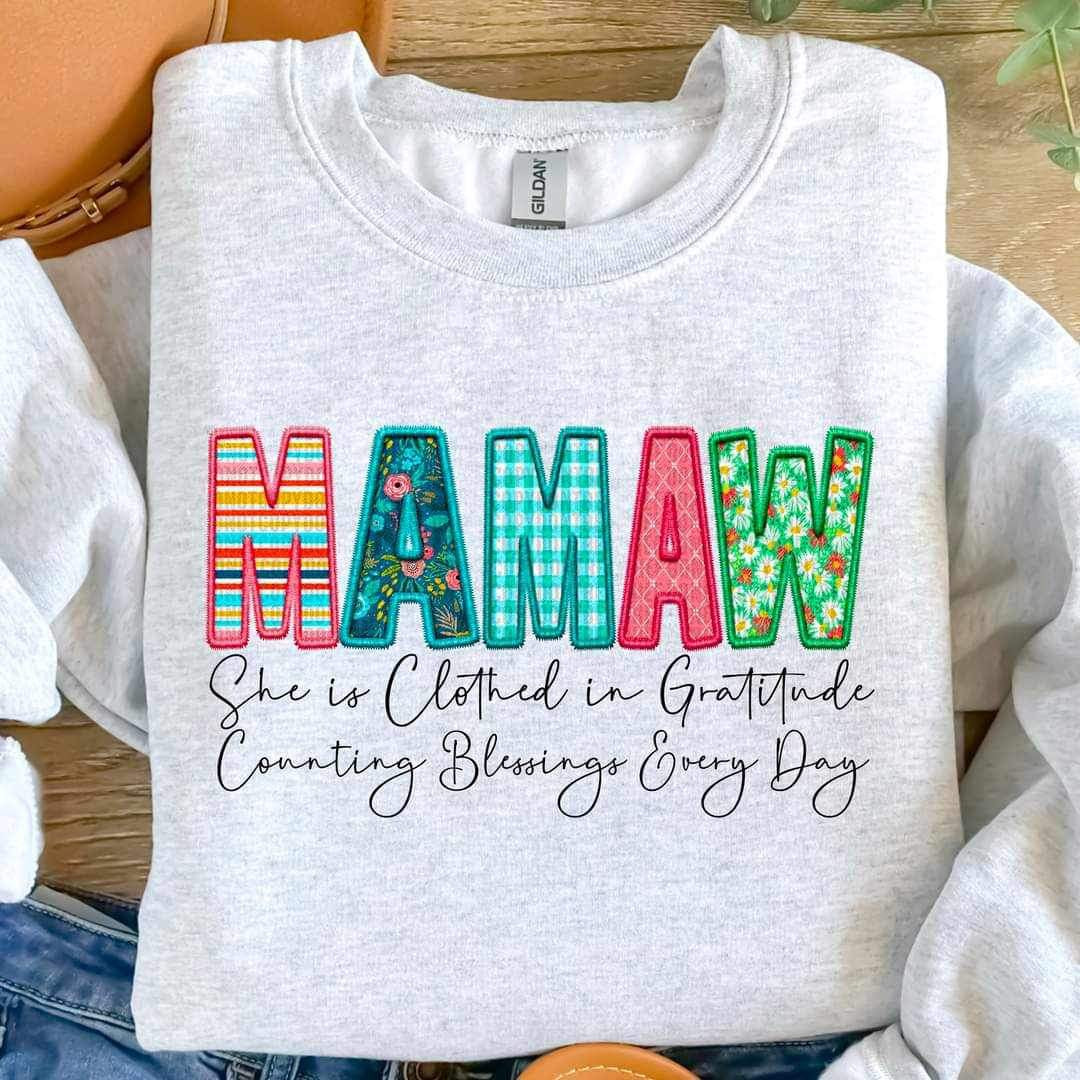 Mamaw she is clothed patterned faux embroidery (SDD) 19590 DTF Transfer