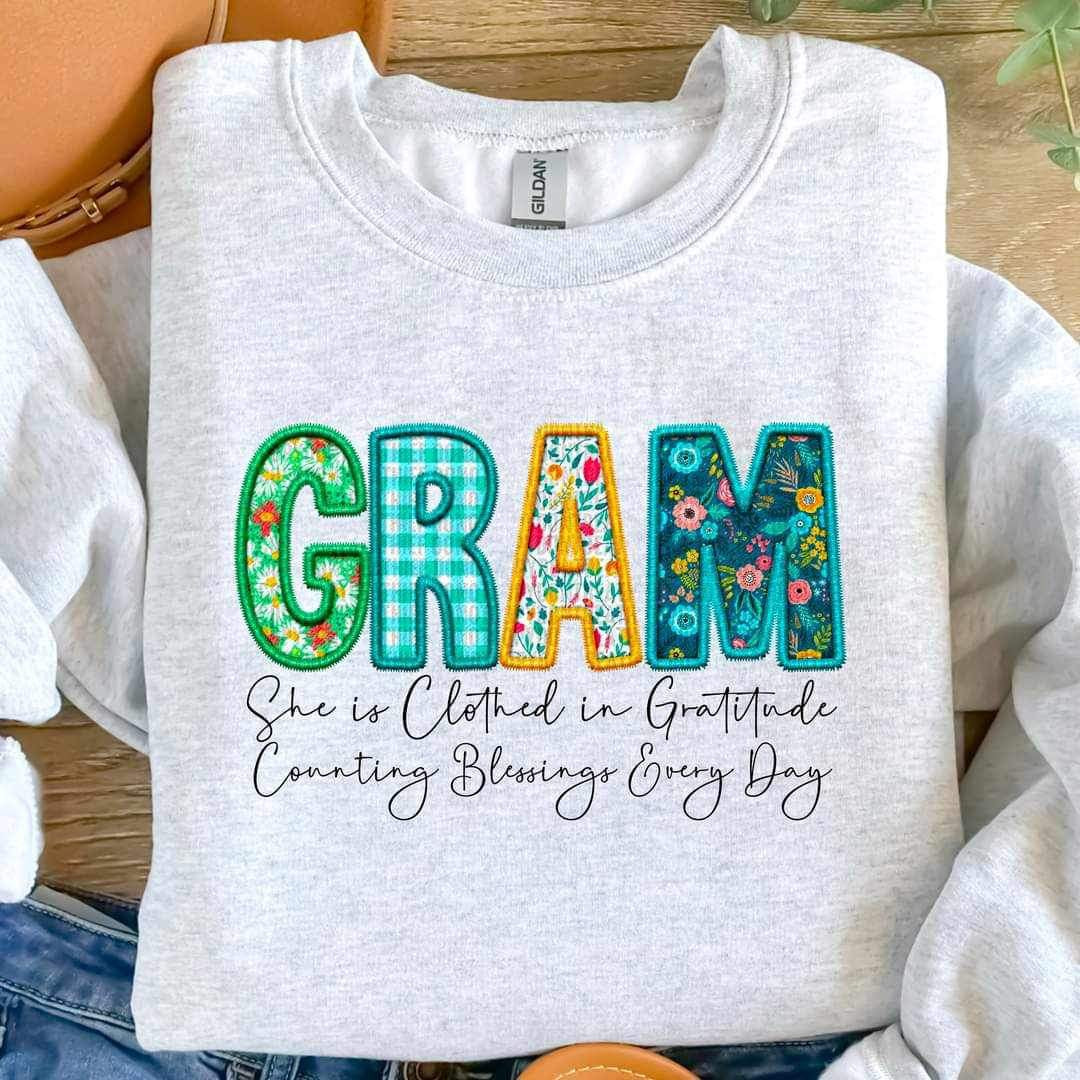 Gram she is clothed patterned faux embroidery (SDD) 19589 DTF Transfer