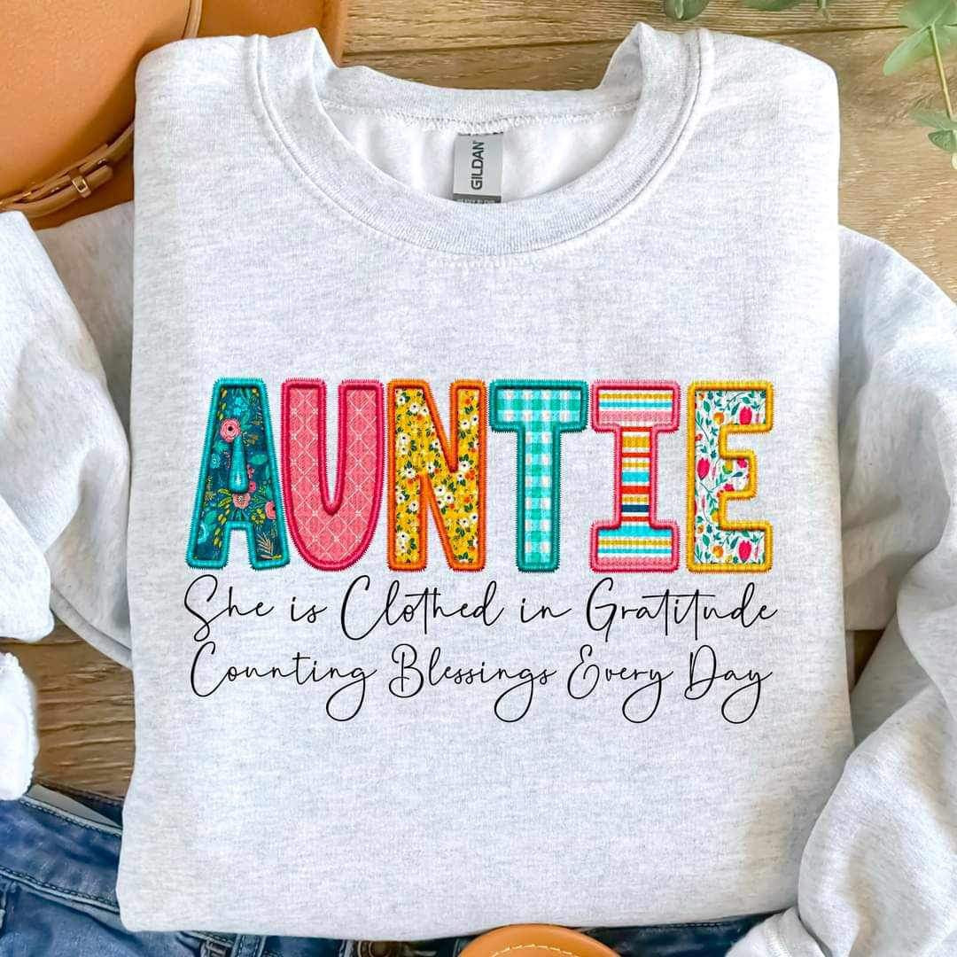 Auntie she is clothed patterned faux embroidery (SDD) 19582 DTF Transfer