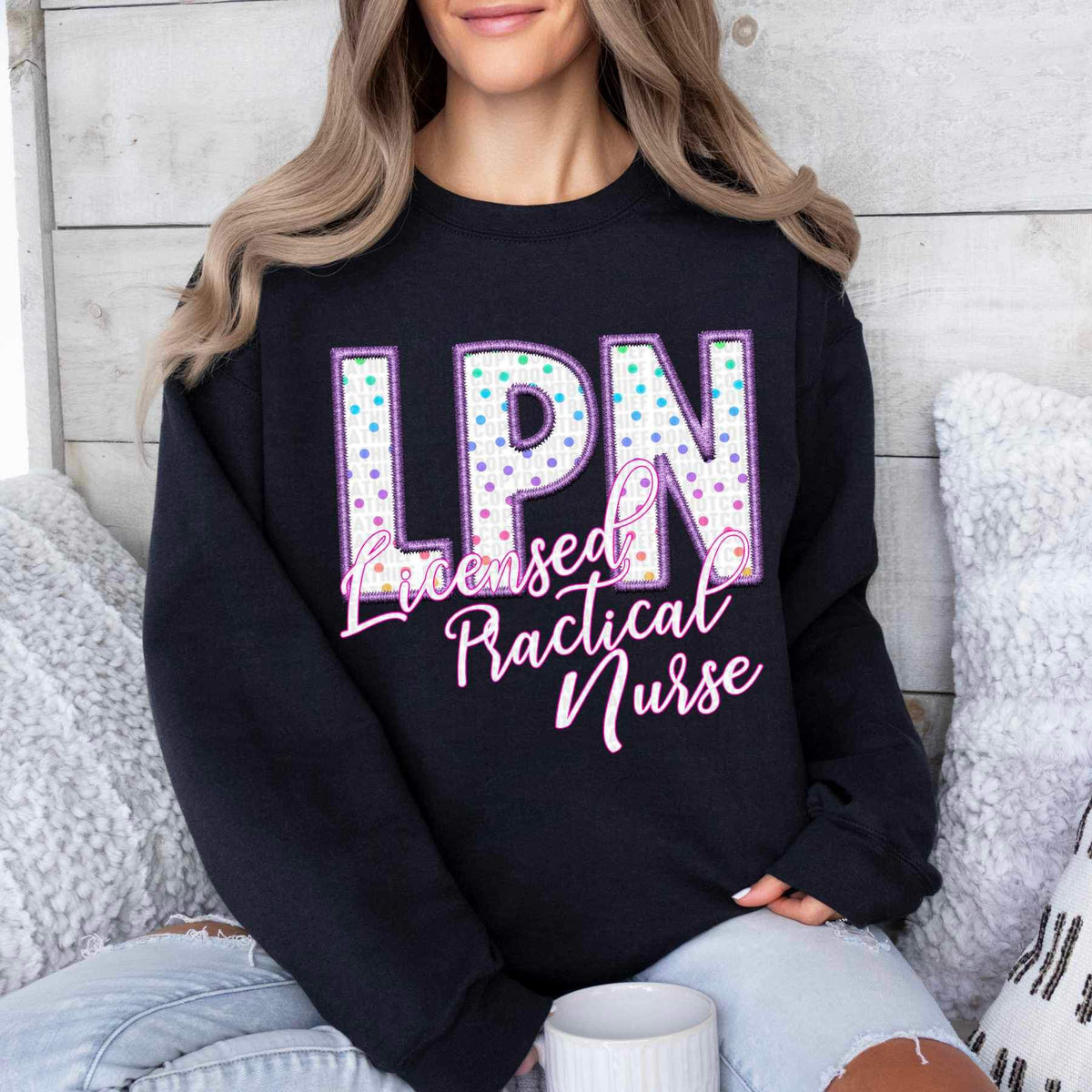 LPN licensed practical nurse polka dots purple embroidery 24036 DTF transfer