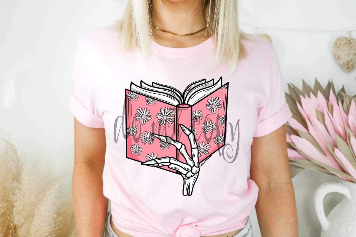 Skellie hand holding pink book 19642 DTF Transfer